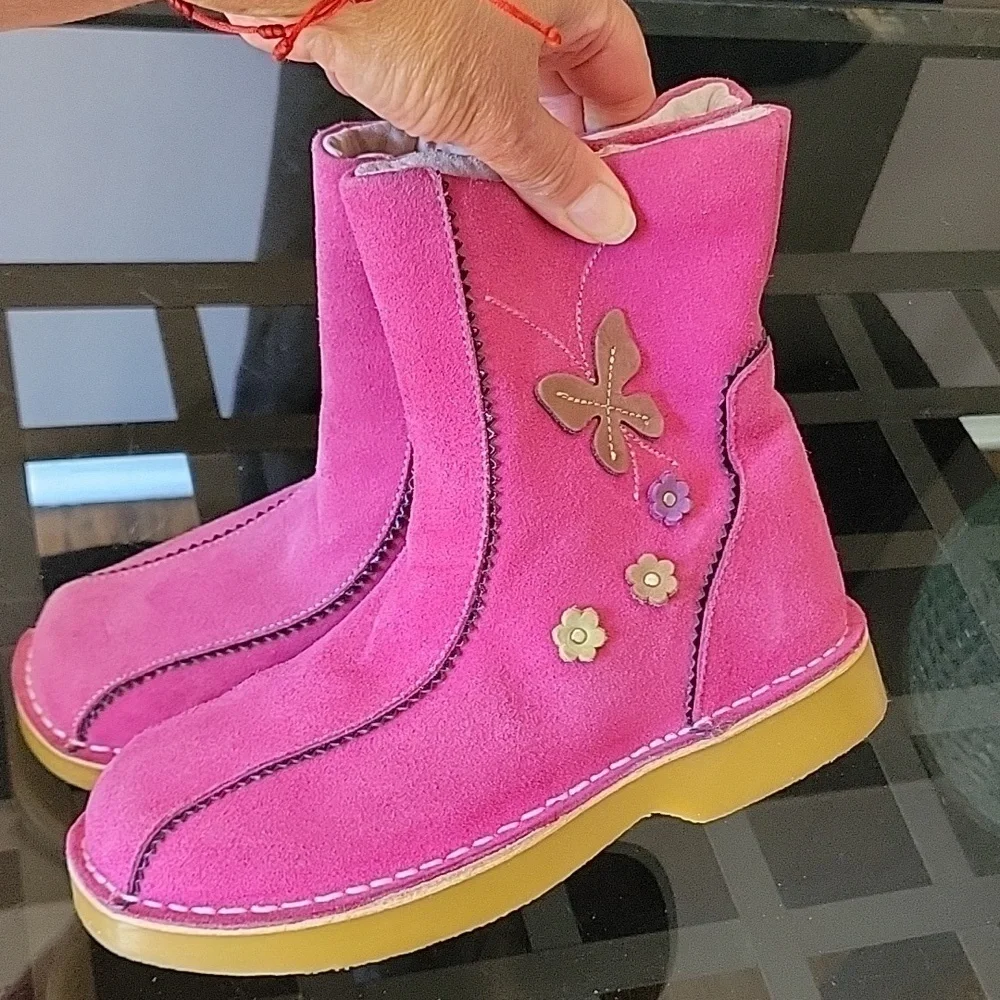 Girls Winter L'Amour Fiore Tall Faux Suede Boot Applique Flowers Hot Pink Zipper